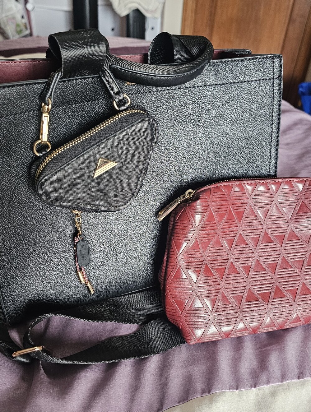 Aldo Black Faux-leather Tote Bag with Burgundy Red Pouch and Mini Coin Wallet